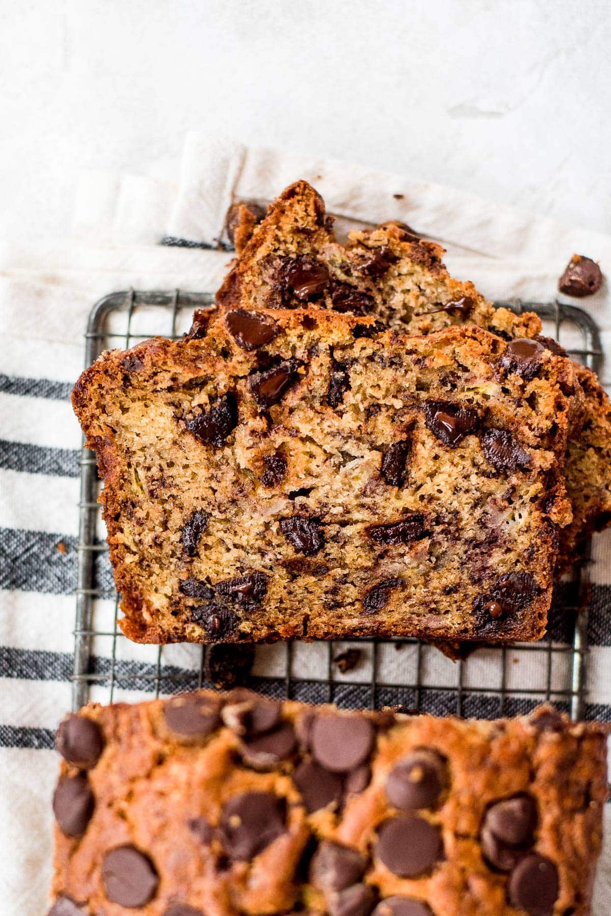 close up of slices of chocolate chip banana bread