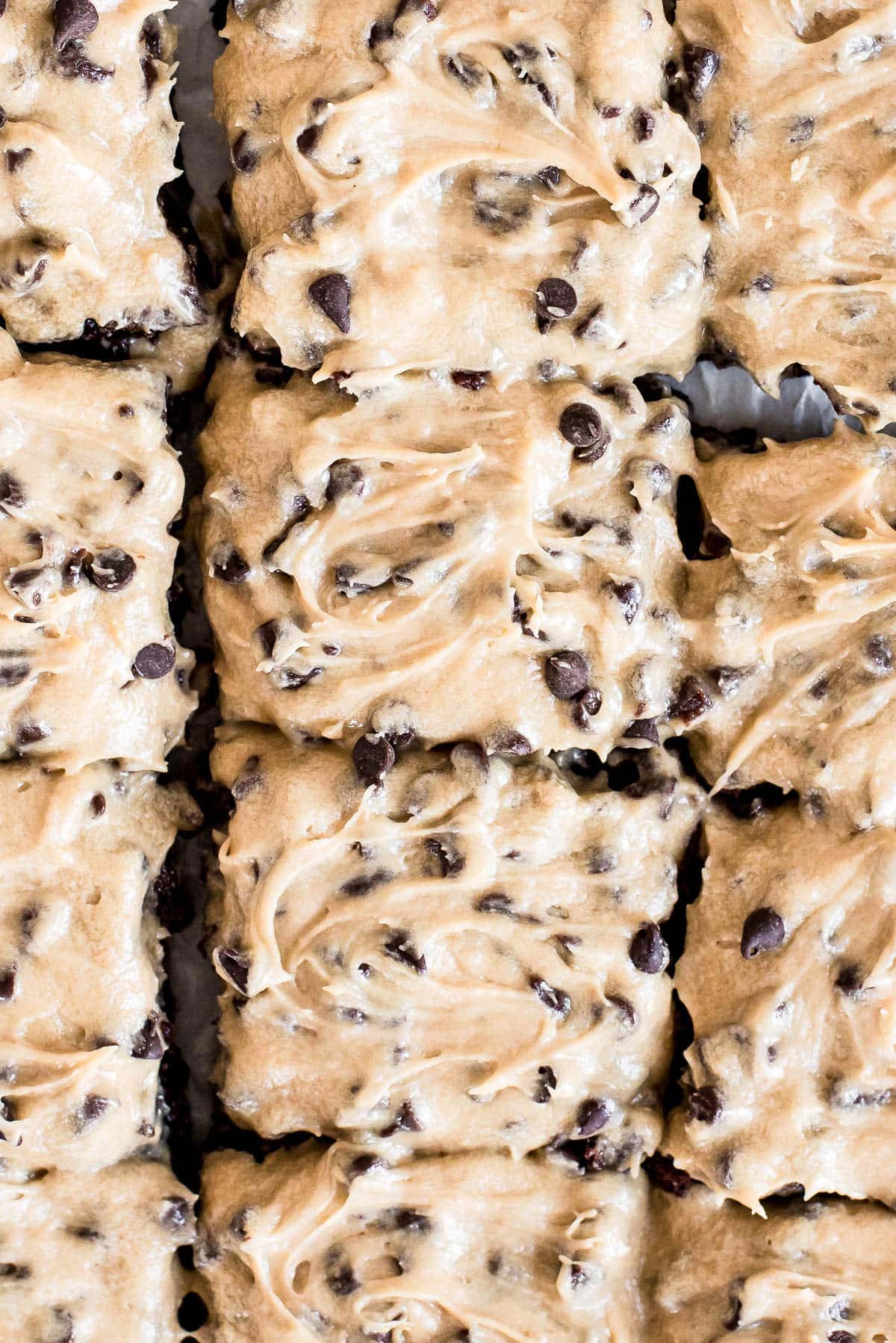 close up of brownies topped with chocolate chip frosting