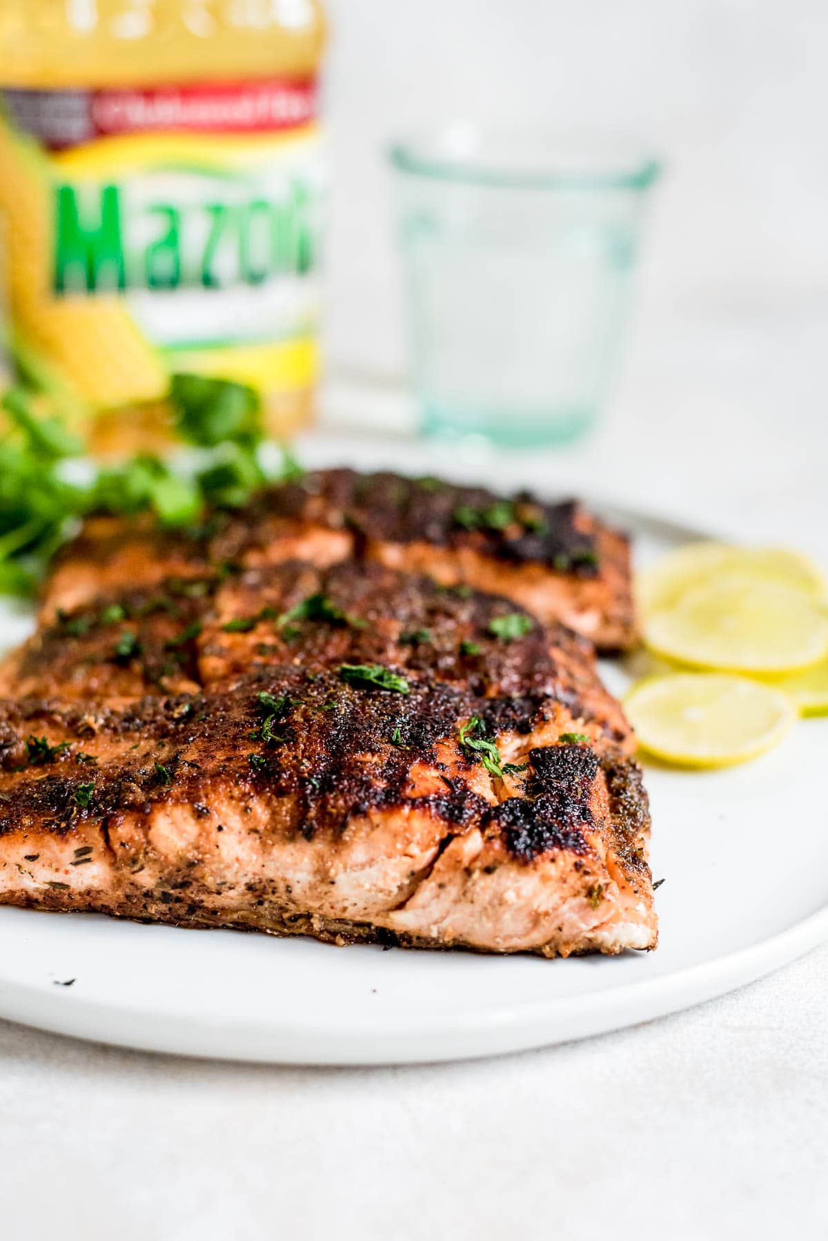 close up of grilled salmon on plate