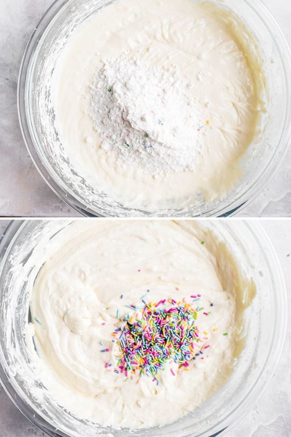 mixing cake mix and sprinkles into cheesecake batter