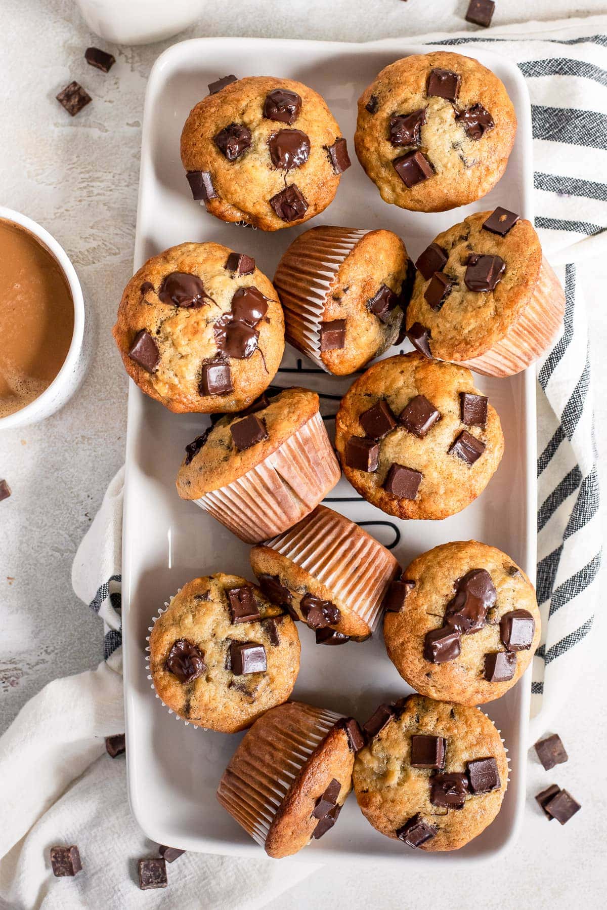 banana chocolate chip muffins on a serving tray