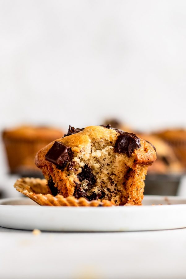 close up of banana muffin filled with chocolate chips