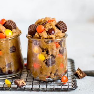 cookie dough in small glass jar on wire rack