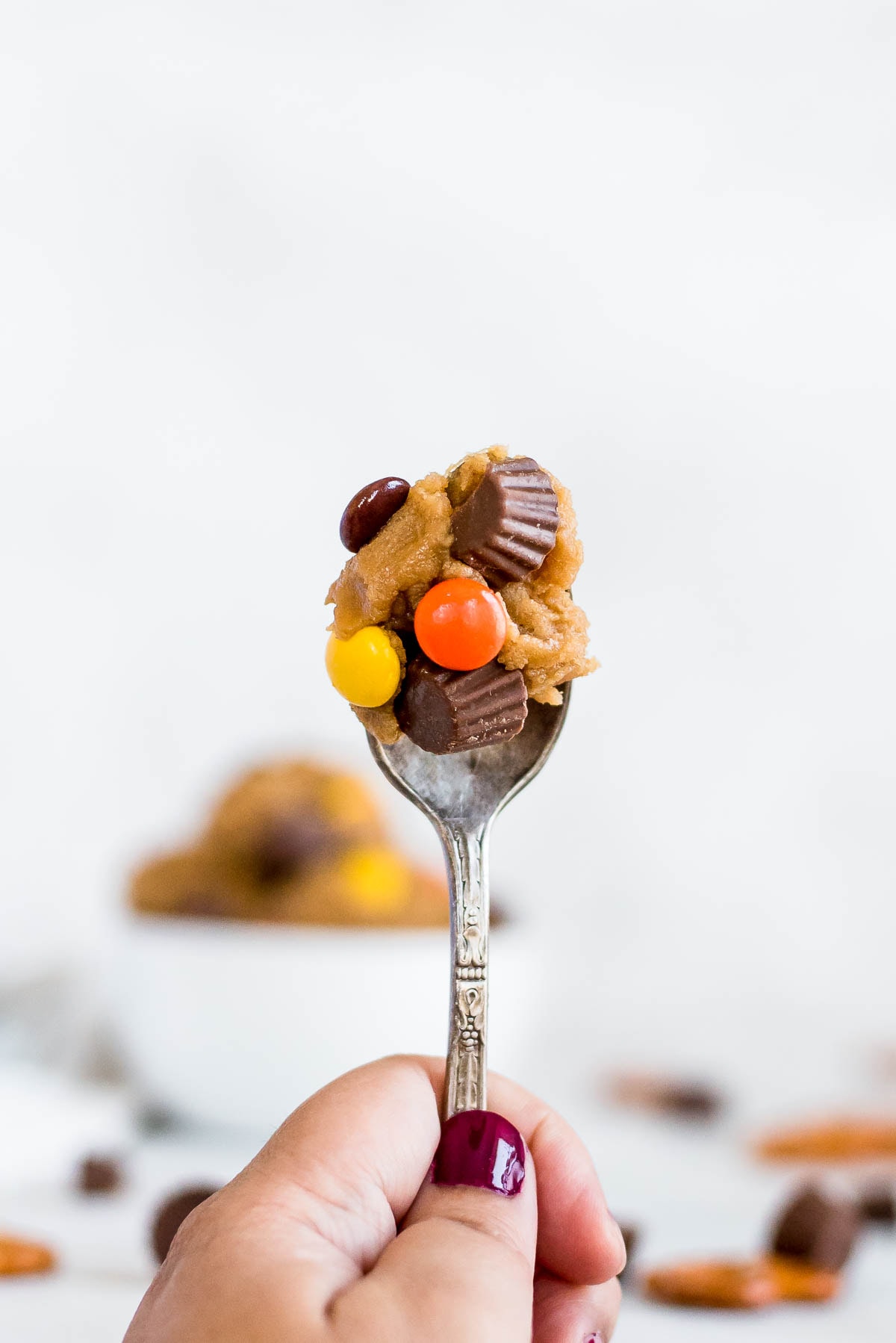 cookie dough on a spoon close up