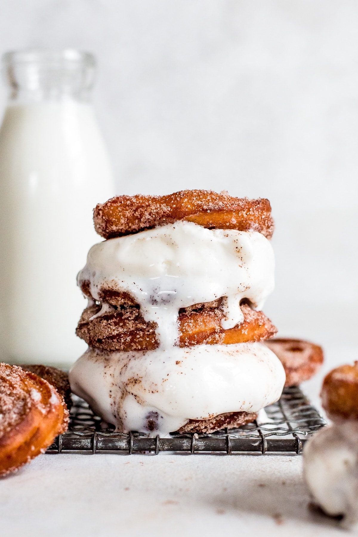 churro ice cream sandwiches stacked on top of one another
