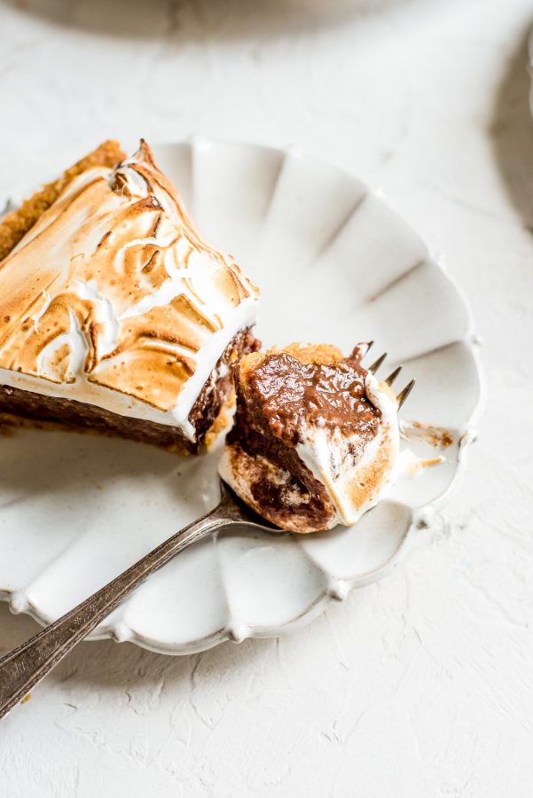 overhead slice of s'mores pie with biteful on fork