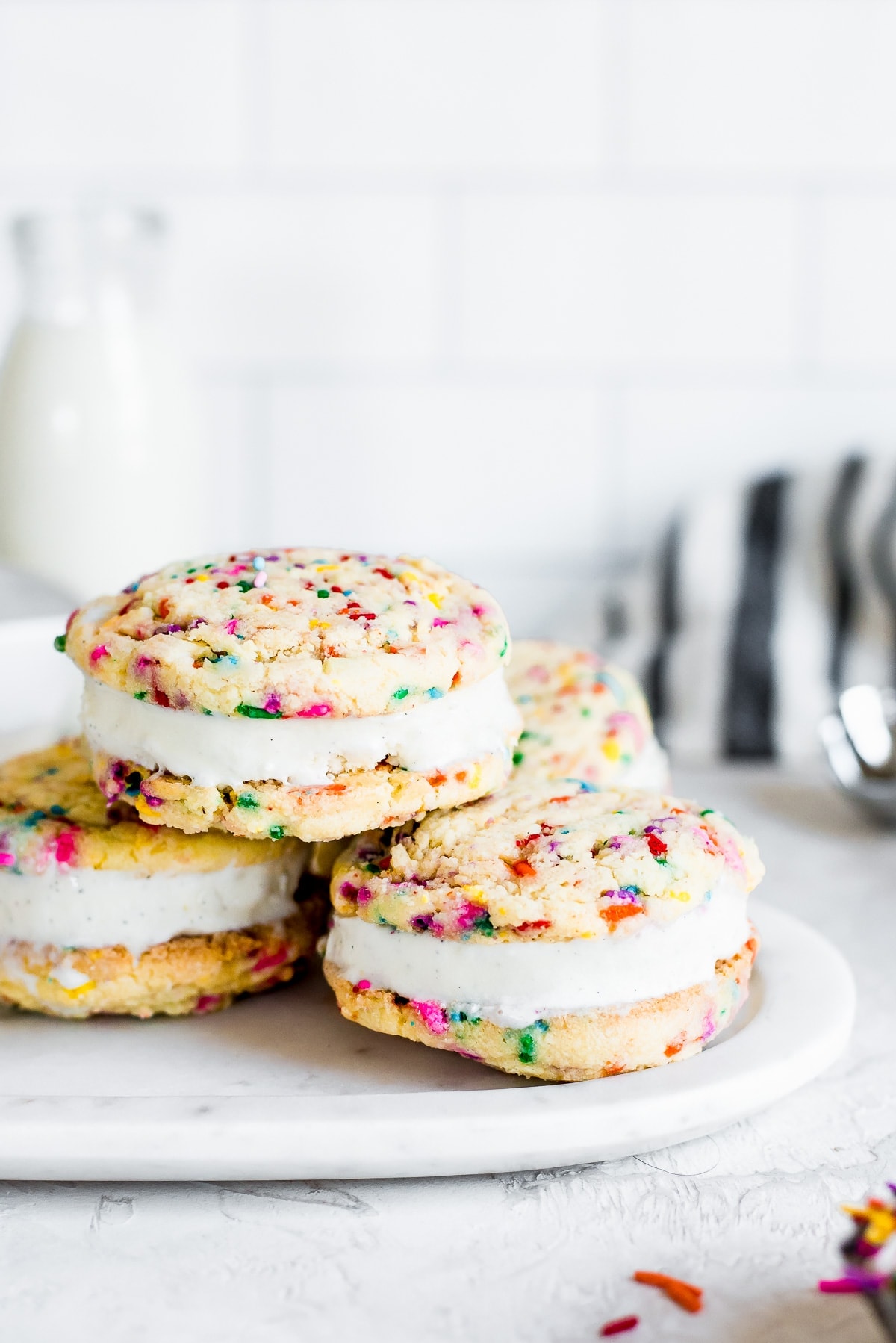 ice cream sandwiches piled onto marble tray