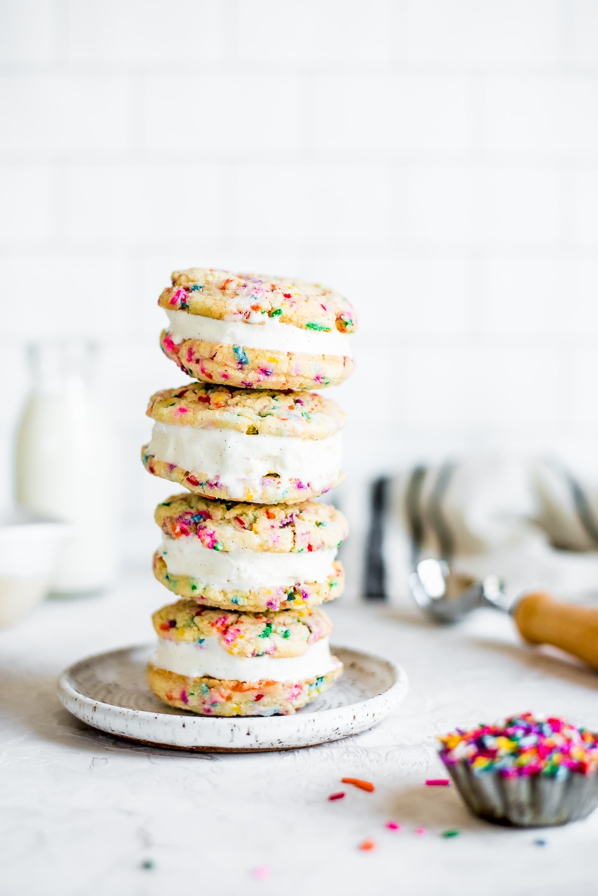 ice cream sandwiches stacked on ceramic plate