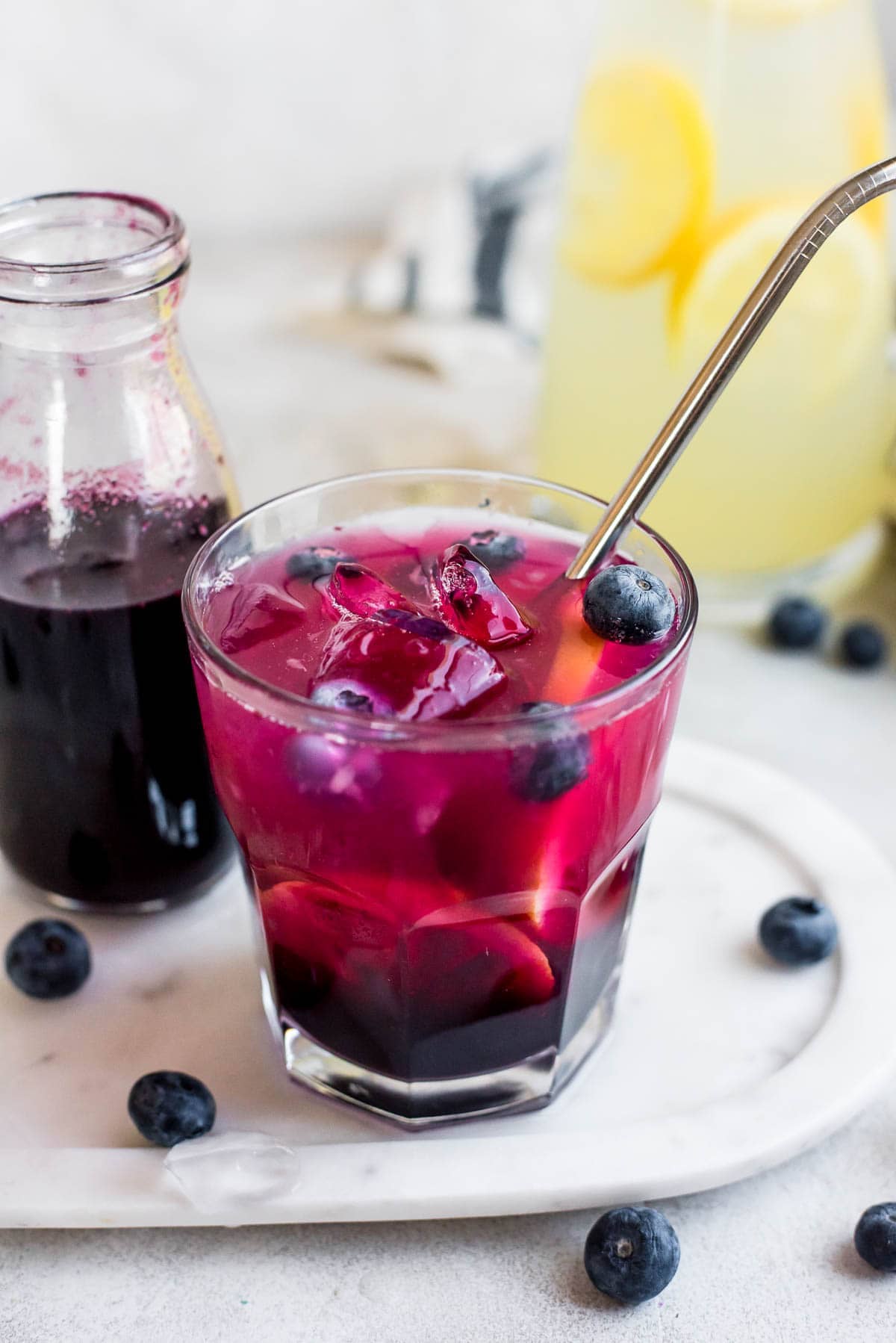 looking into glass of blueberry lemonade