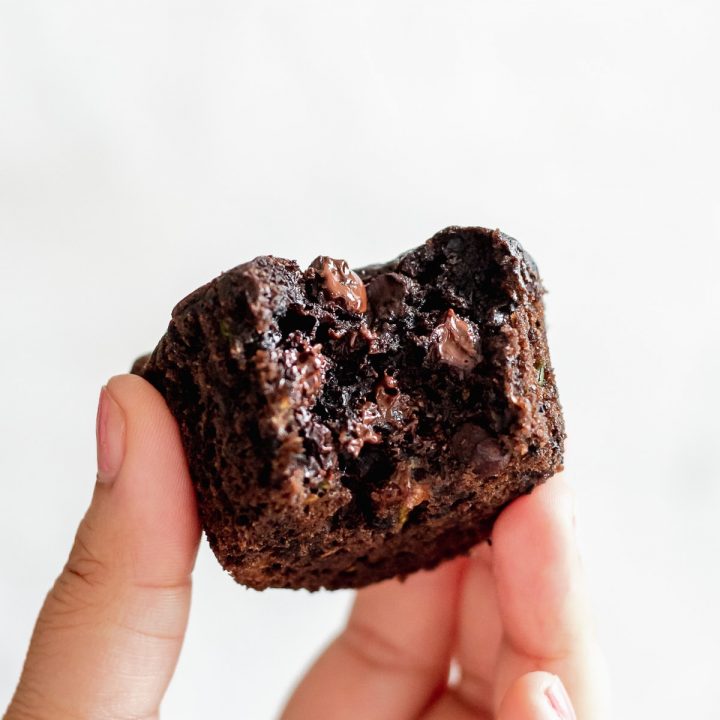 hand holing muffin showing gooey chocolate