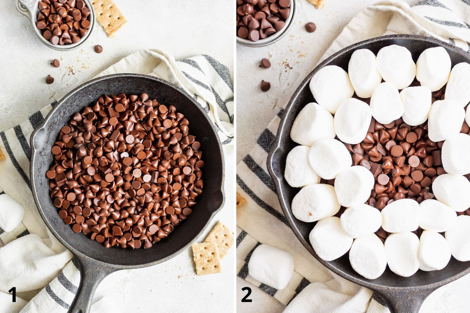 collage of chocolate in cast iron skillet and then topped with marshmallows