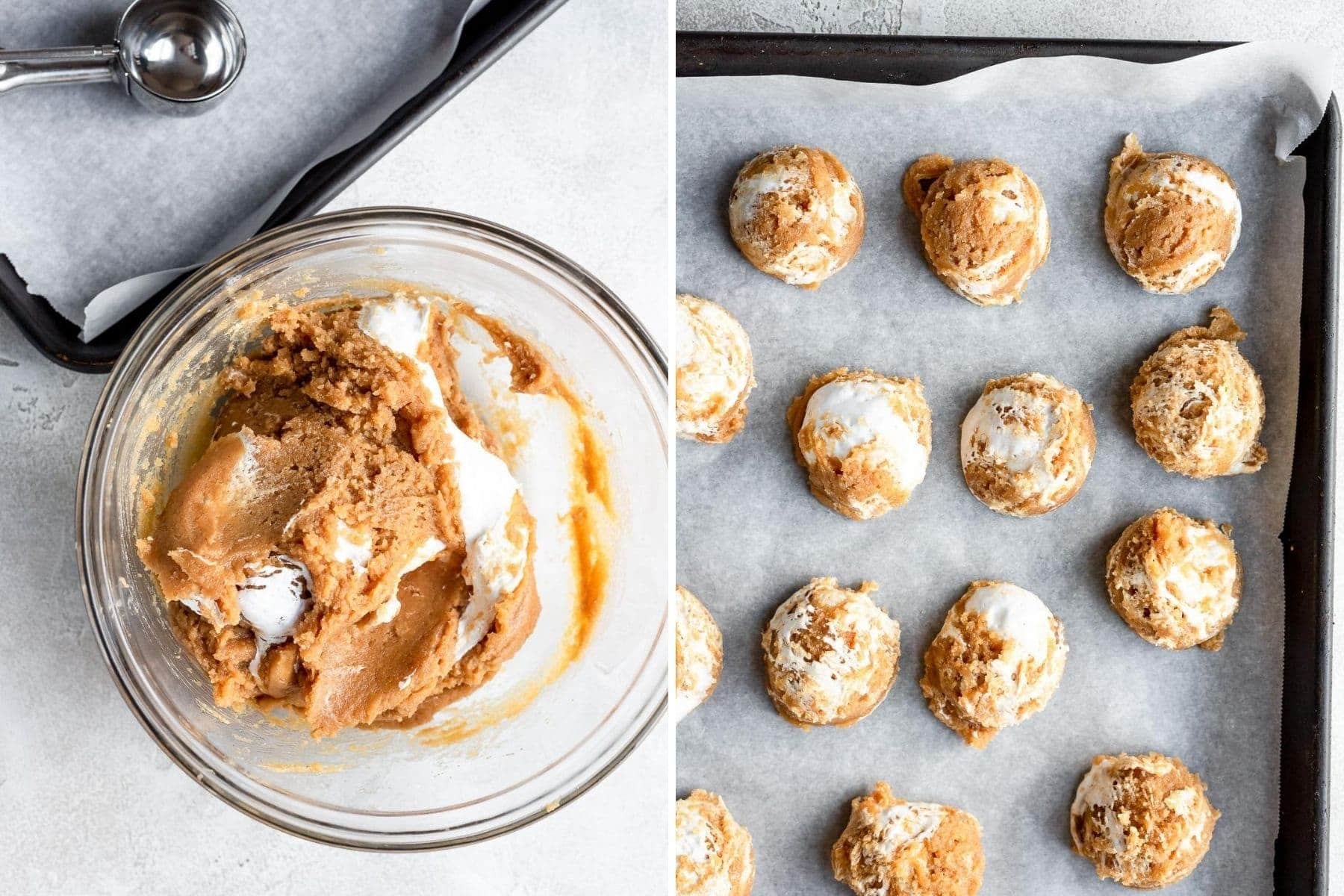 showing how to swirl marshmallow fluff and portioning cookies for baking