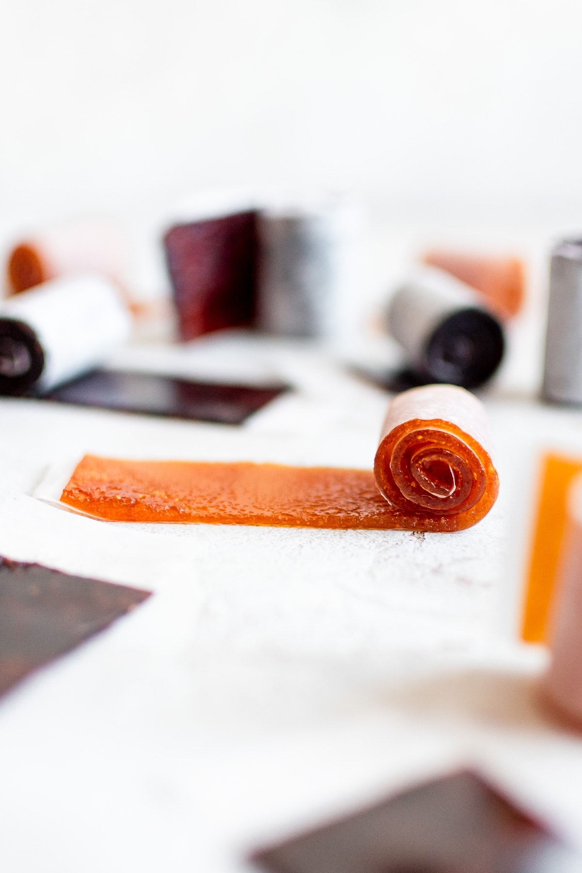 looking close up into half rolled homemade fruit leather