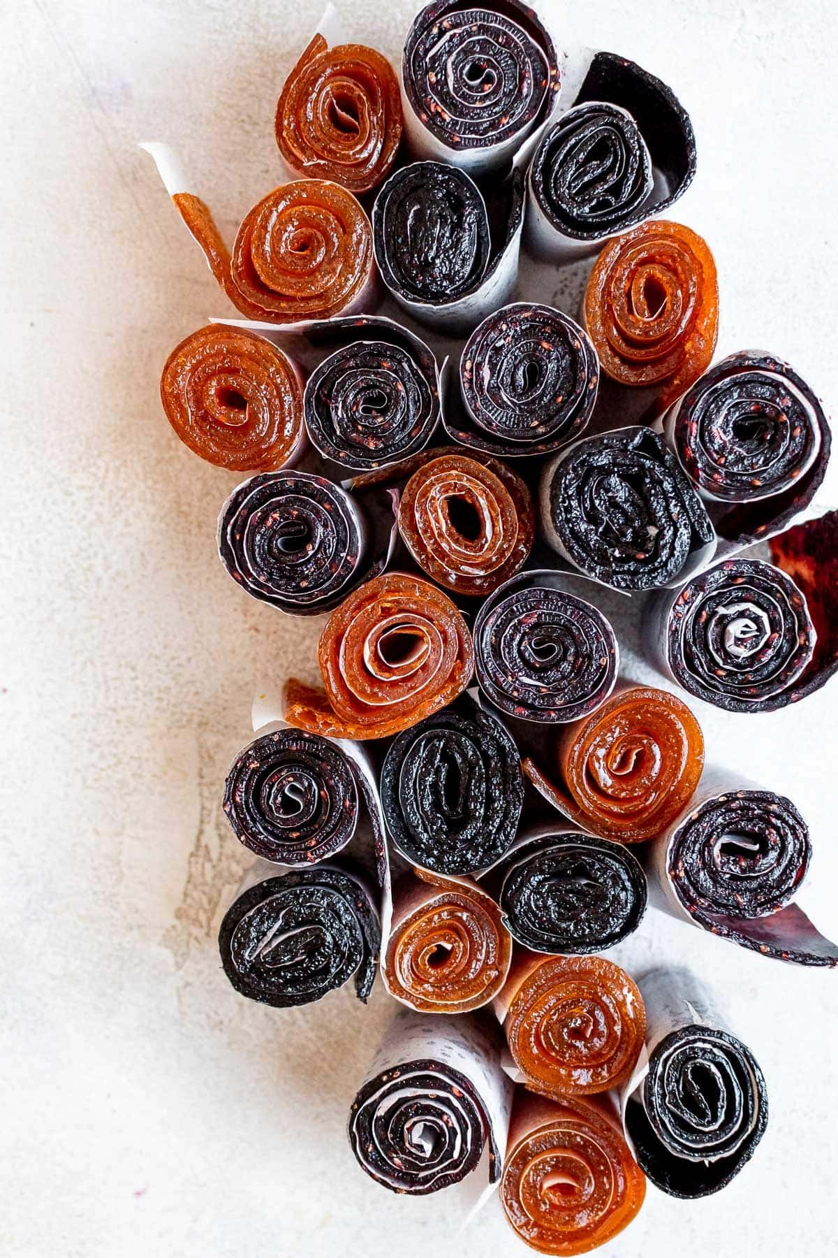 fruit roll ups together on table overhead