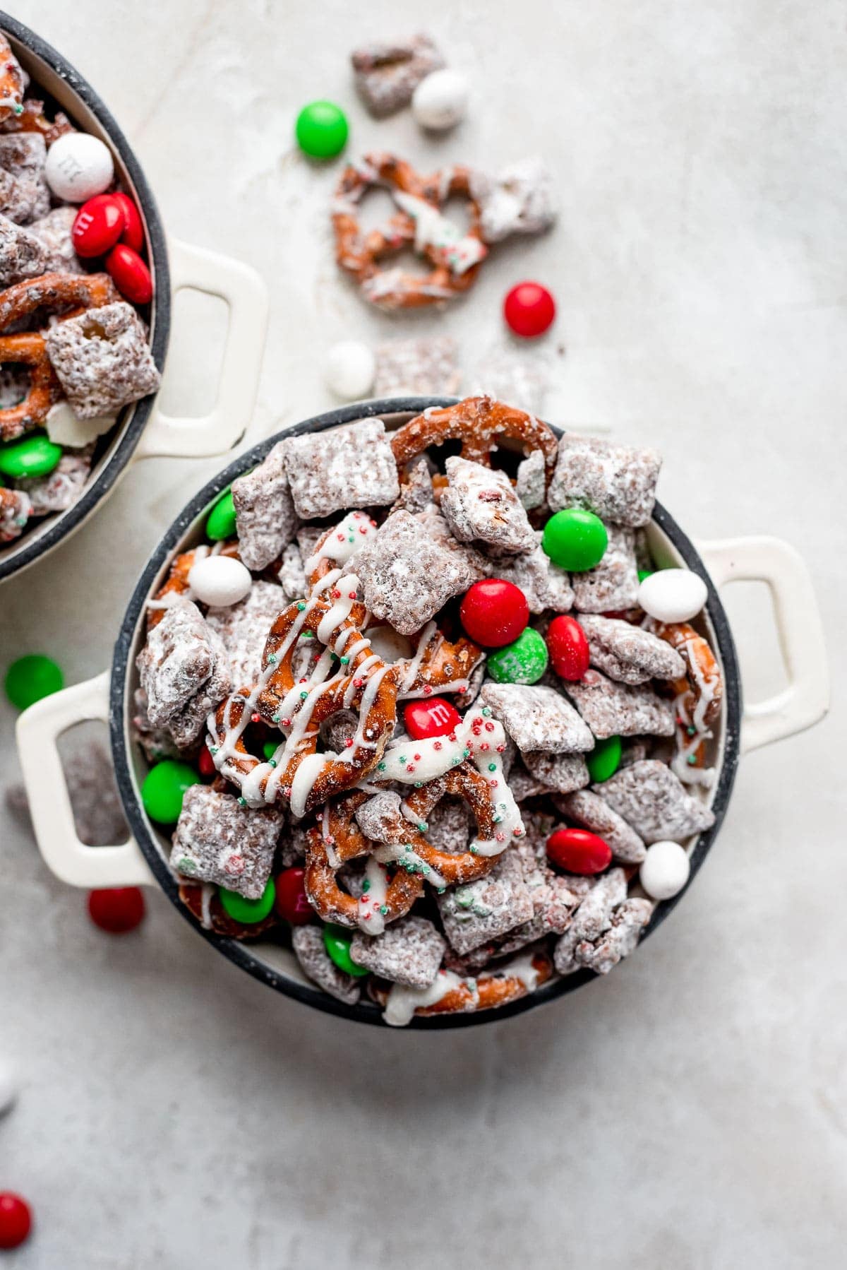 overhead christmas puppy chow in a small pot