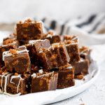 close up fudge stacked on plate