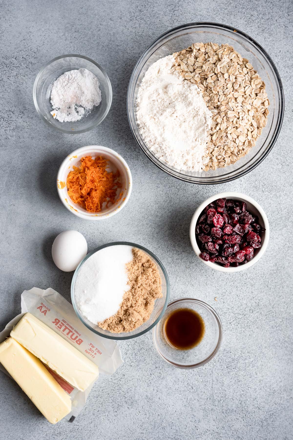 ingredients for cookies in small bowls