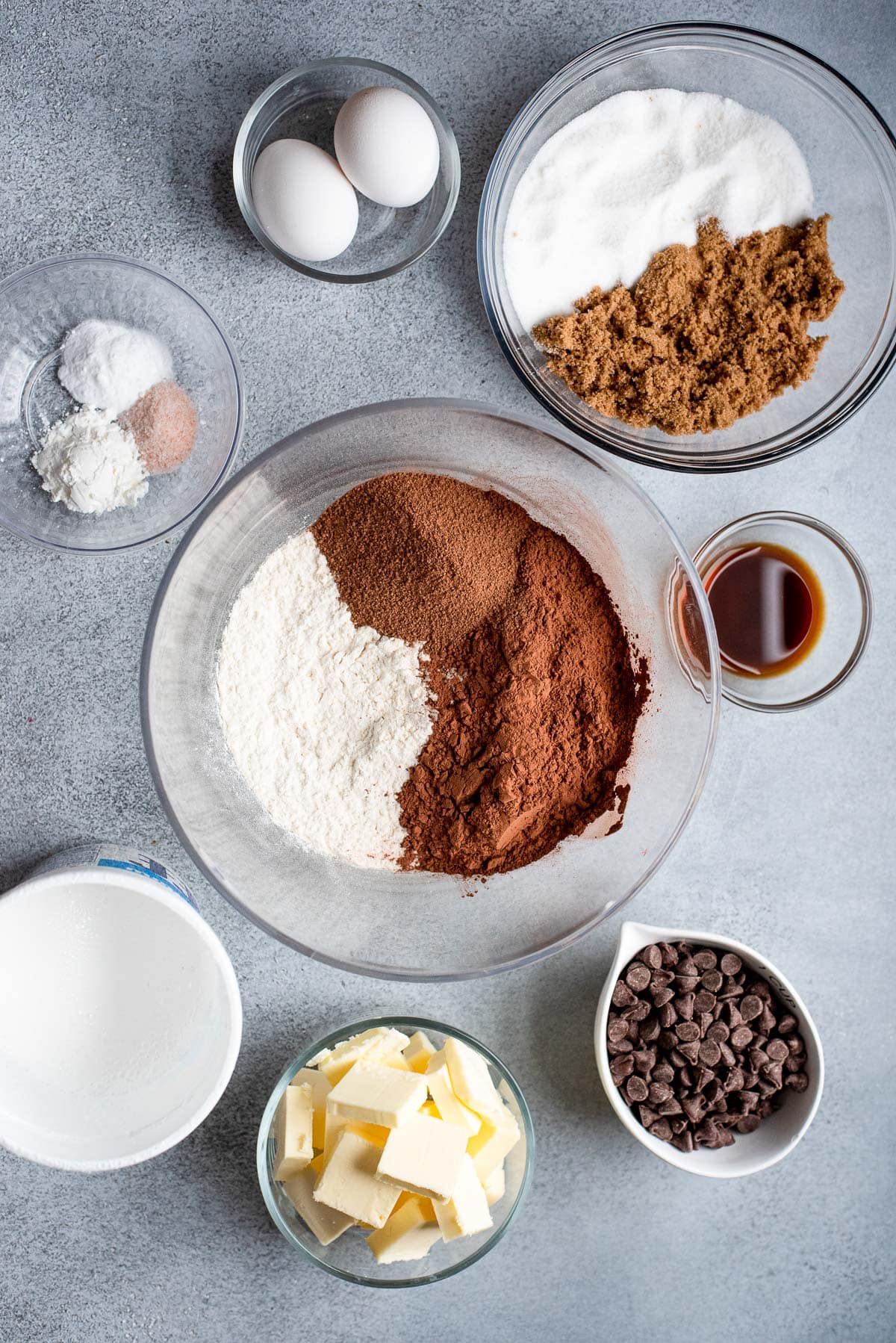 ingredients for hot chocolate cookies in bowls