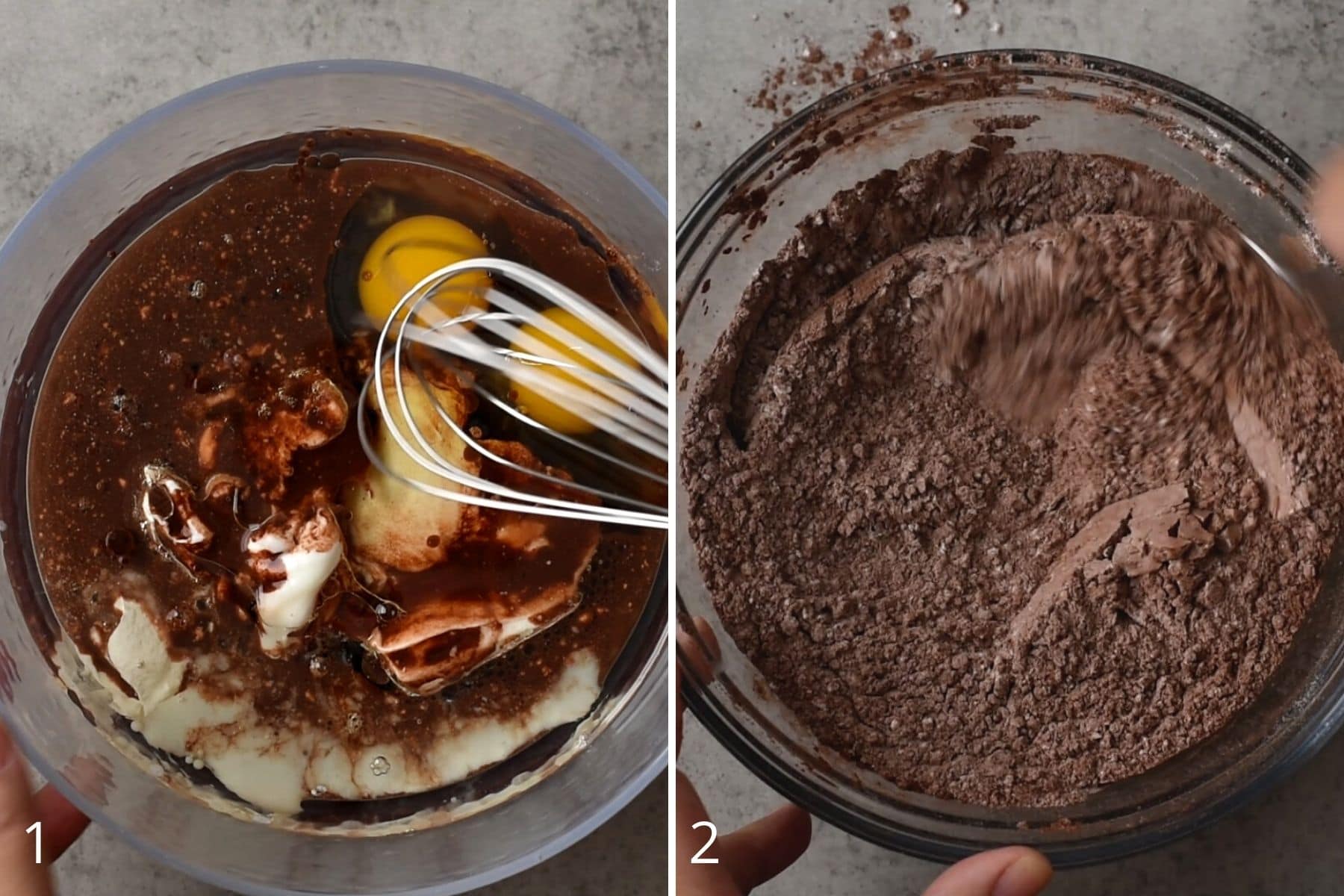 first two steps to making chocolate cake