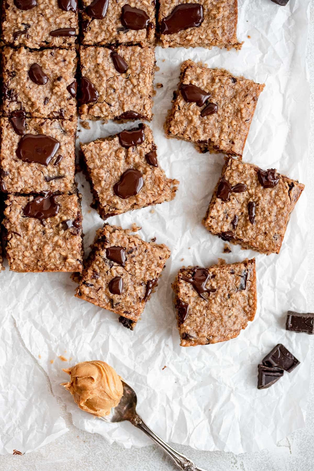 cut oatmeal bars scattered on table