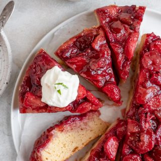 close up of strawberry upside down cake