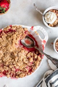 close up of crumble in pan