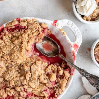close up of crumble in pan
