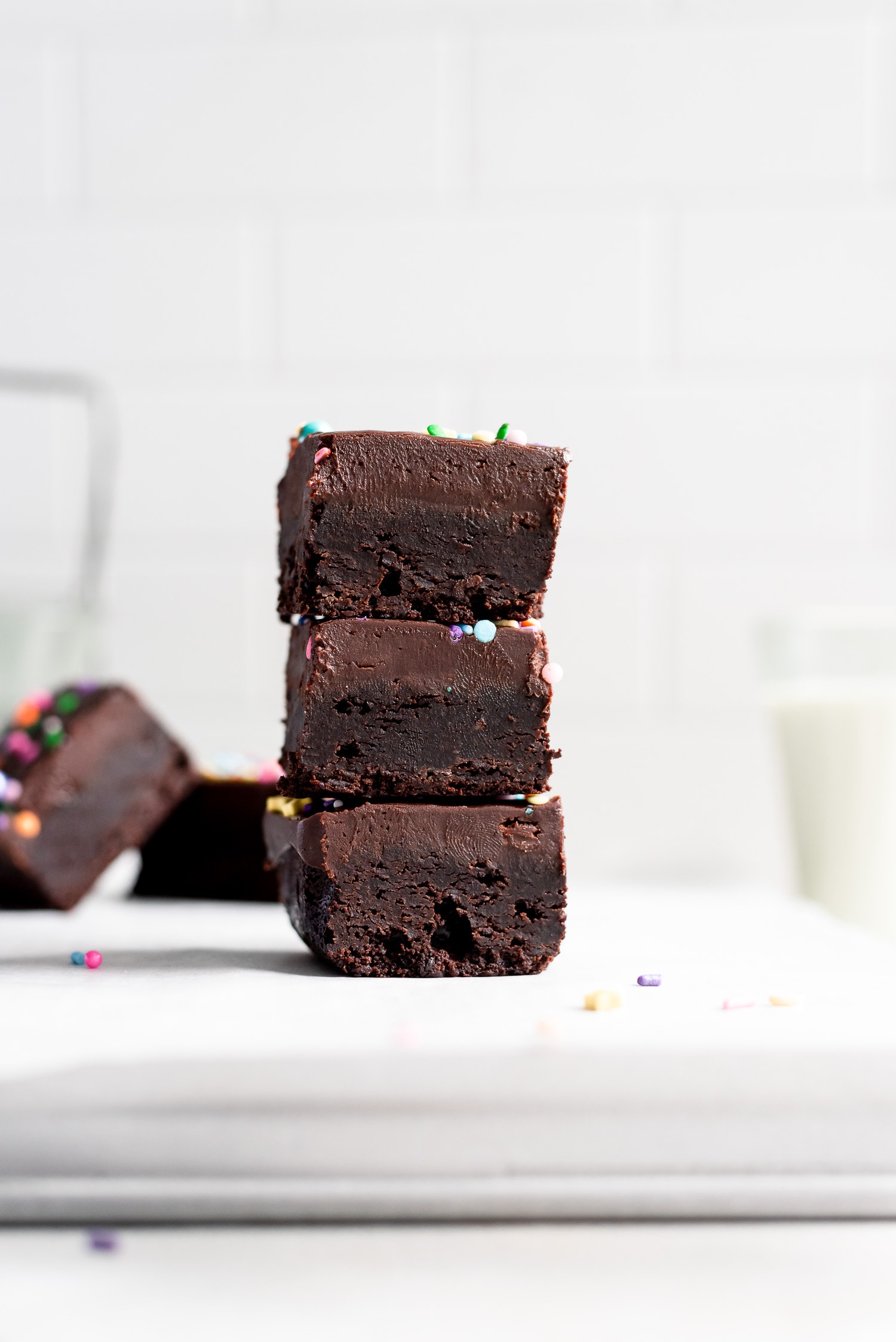 close up stack of brownies