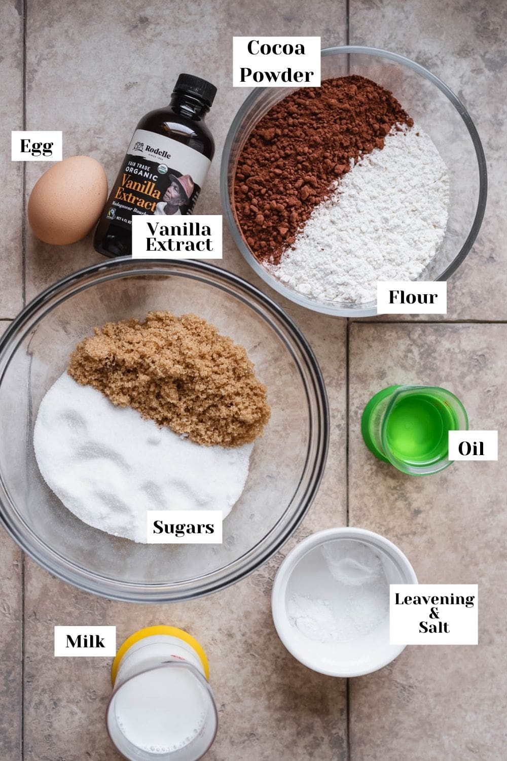 labeled ingredients in bowls for donuts