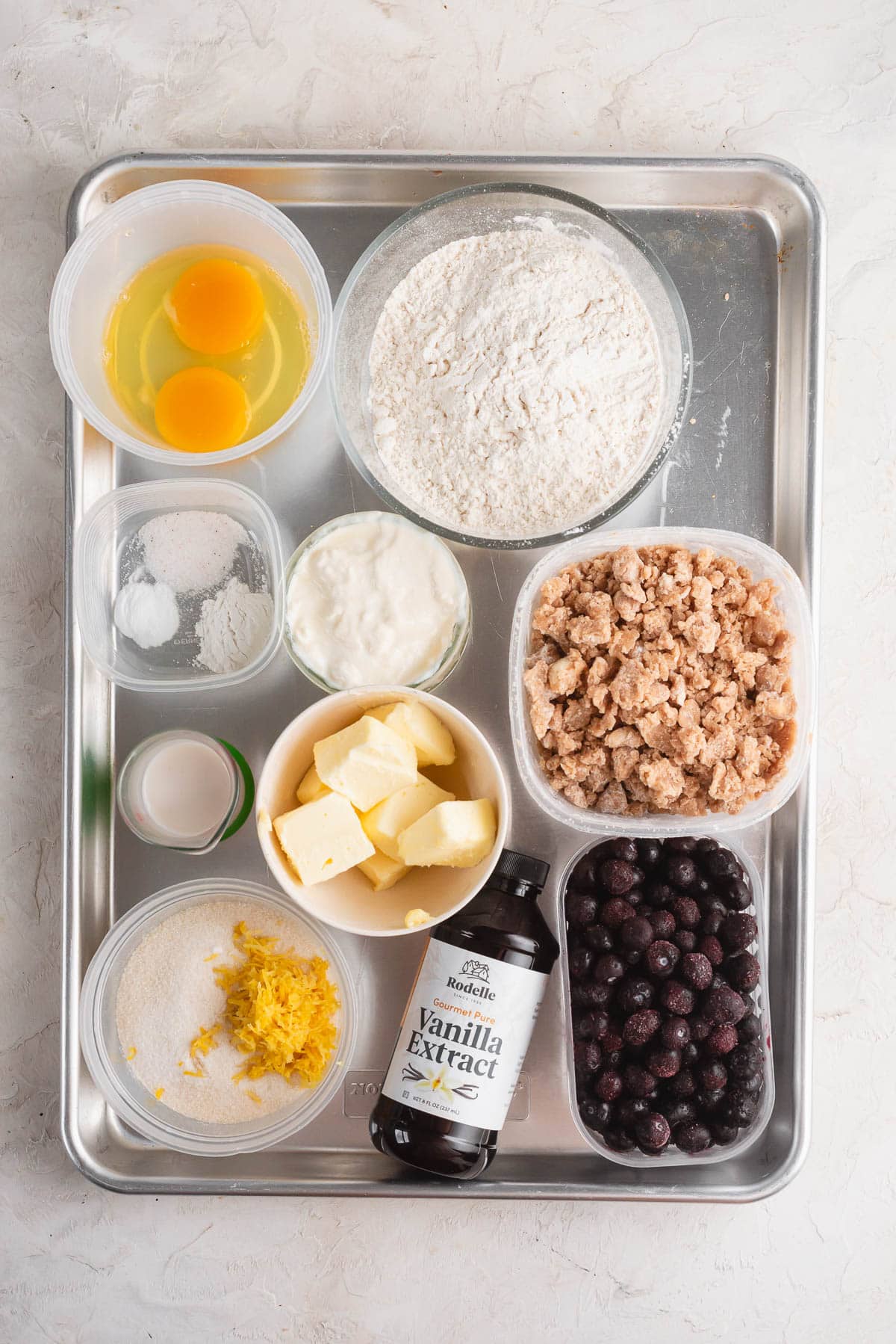 ingredients in bowls for blueberry coffee cake