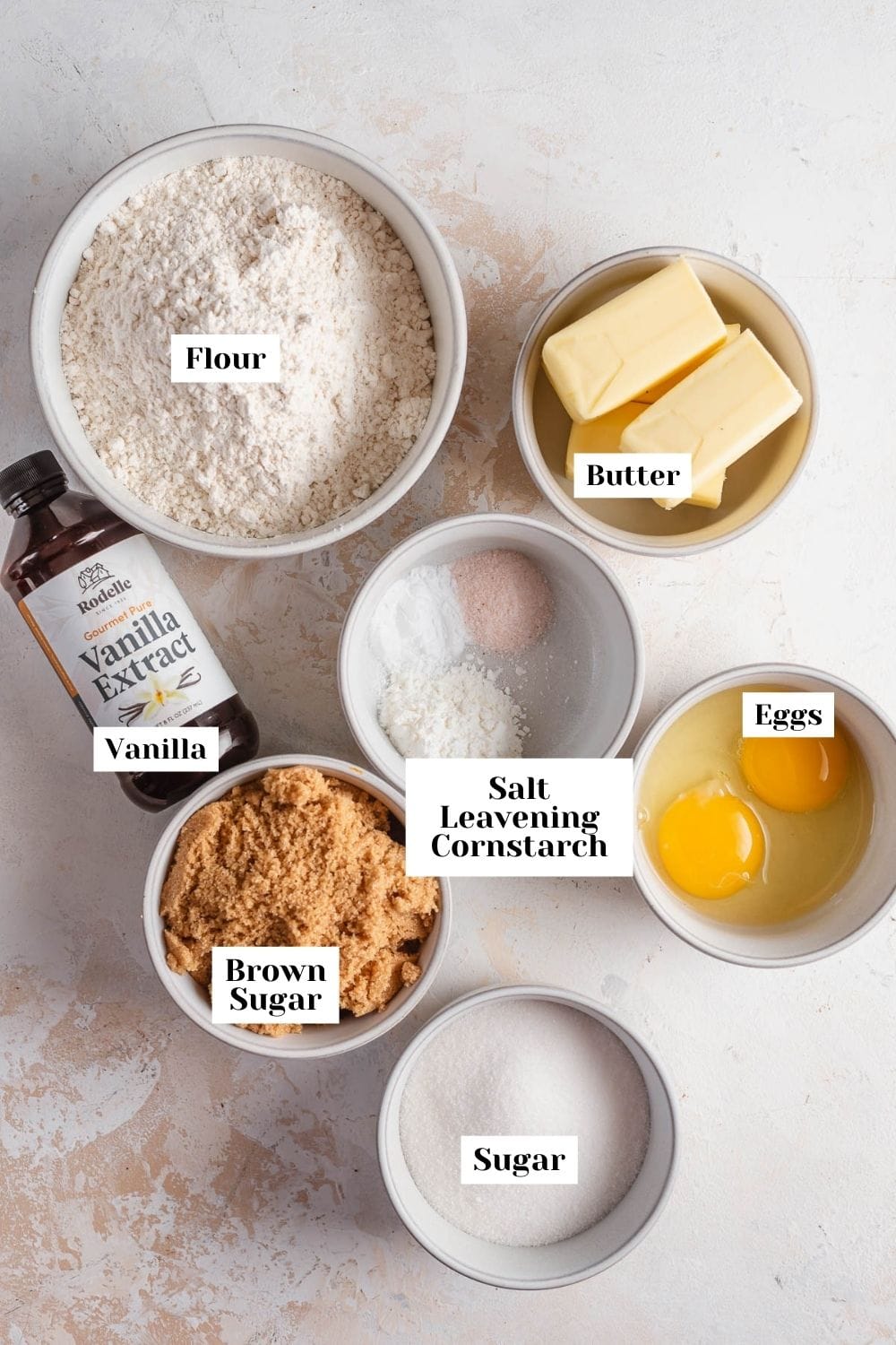 labeled ingredients for cookies in bowls