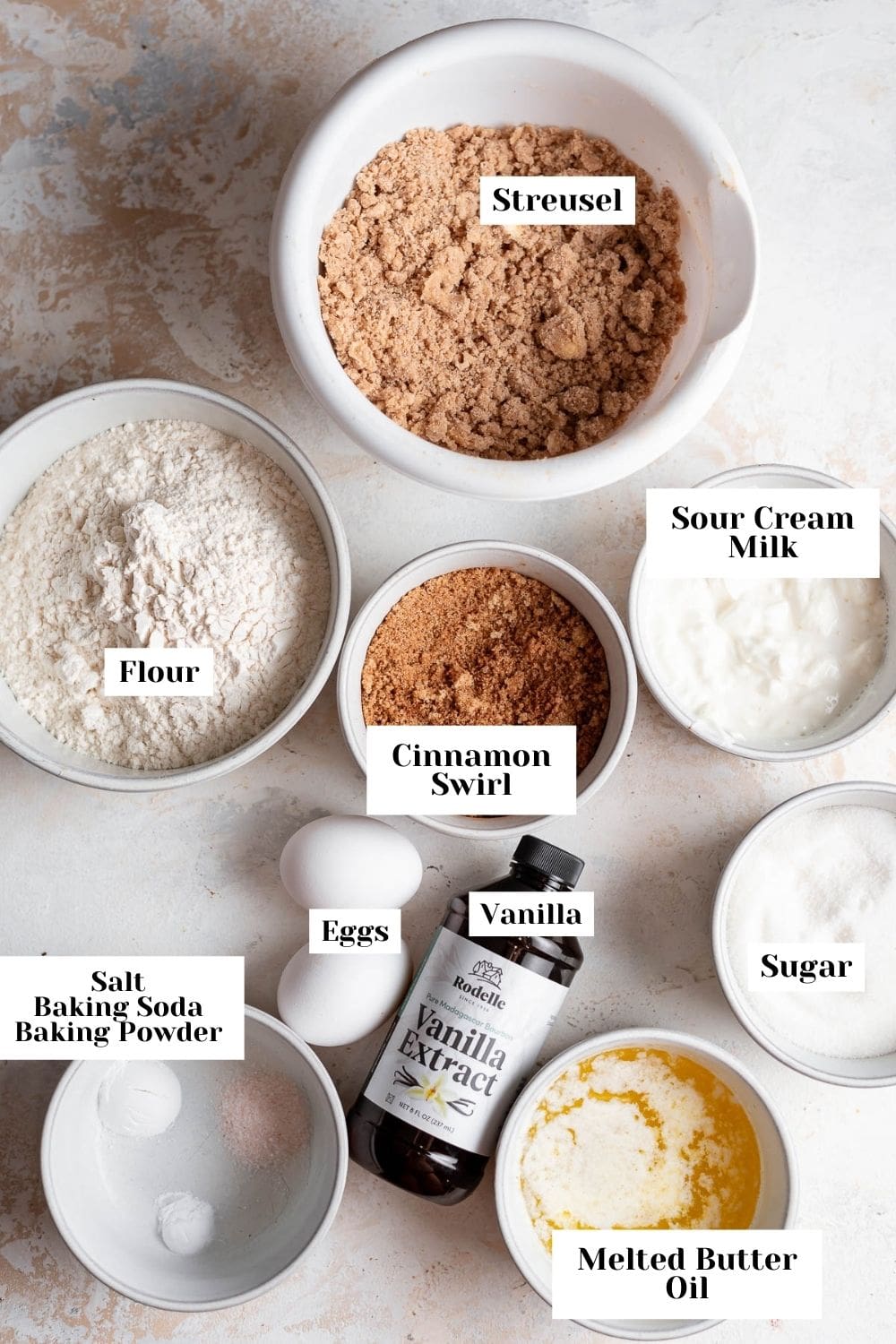 labeled ingredients for coffee cake muffins