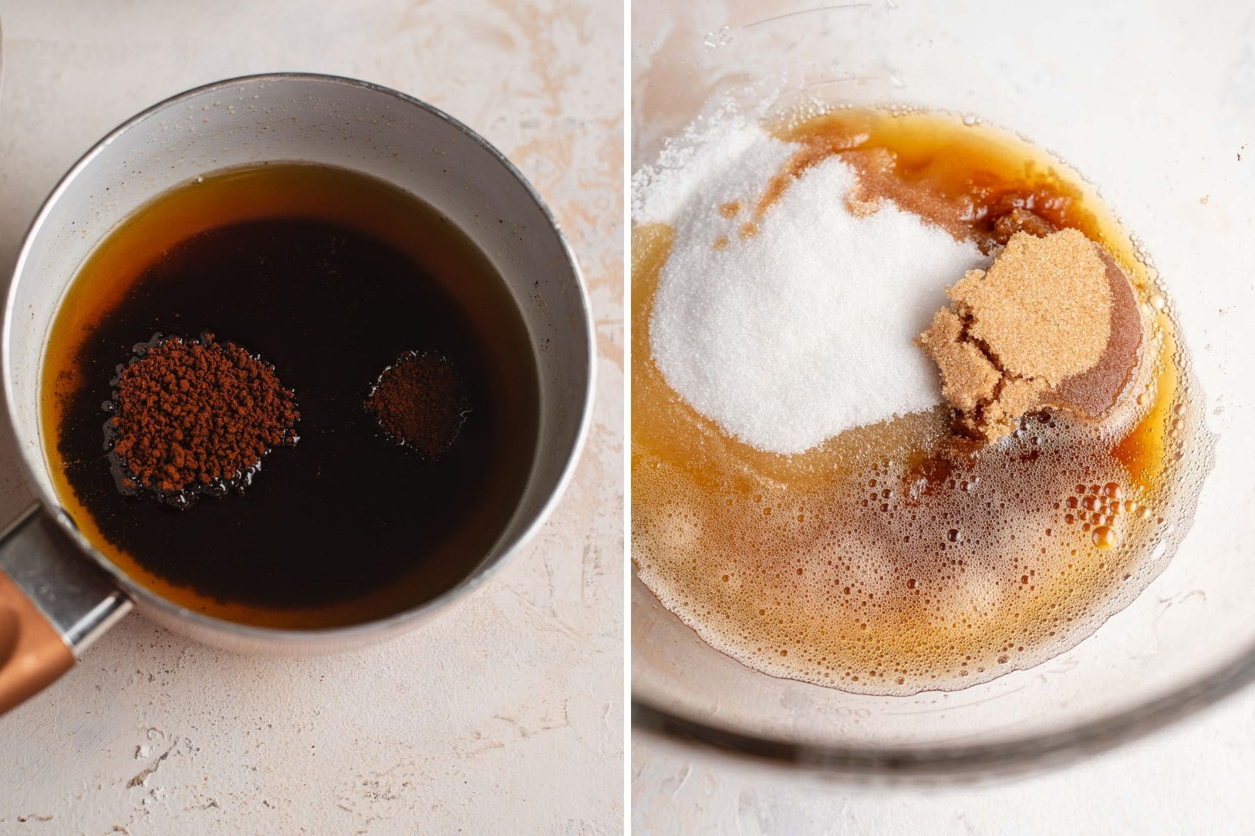 collage showing espresso being added to butter and sugars being added to butter